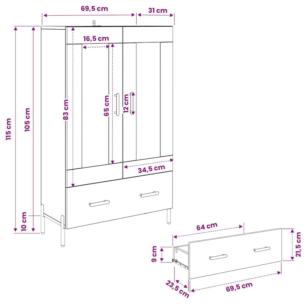 Highboard s ladicama Corona Crni hrast 69,5 x 31 x 115 cm