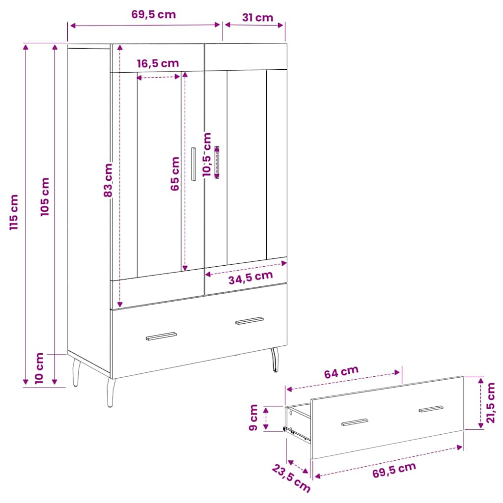 Highboard Umjetnički hrast 69,5 x 31 x 115 cm Konstruirano drvo