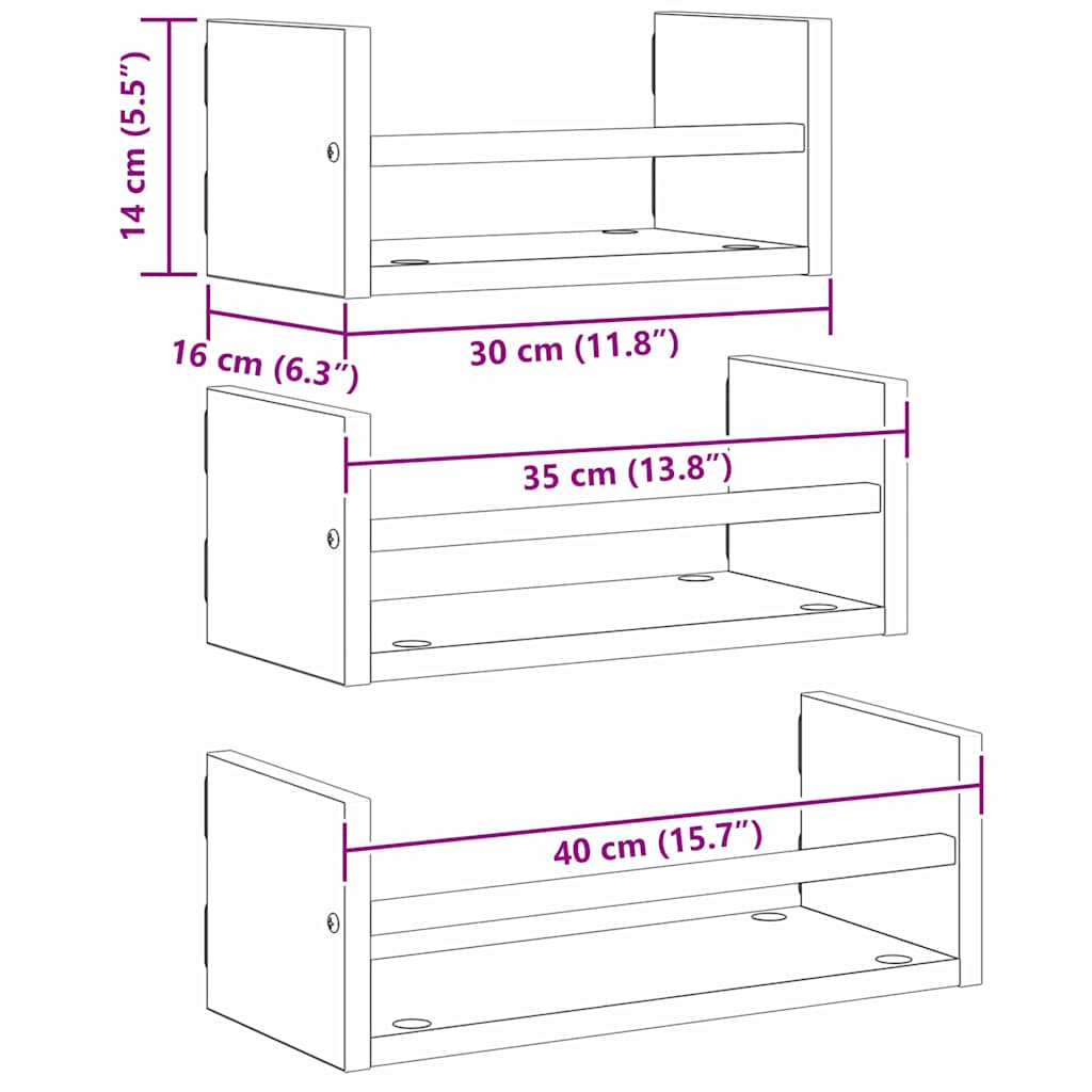 Set zidnih polica 3 pcs Staro drvo 40x16x14cm Konstruirano drvo