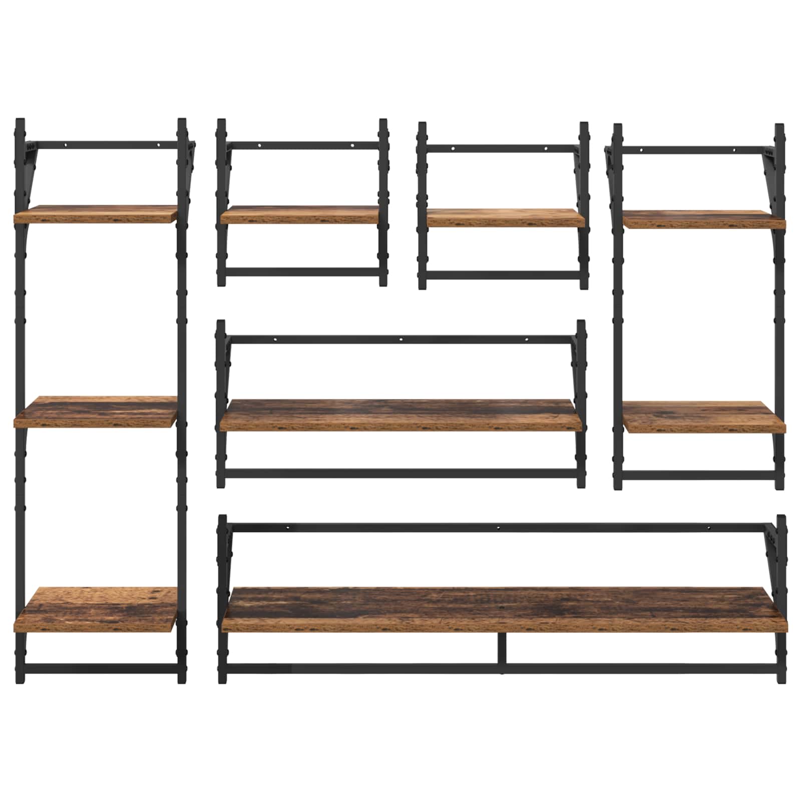 Set zidnih polica s policom 6 pcs Staro drvo 100 x 25 x 30 cm
