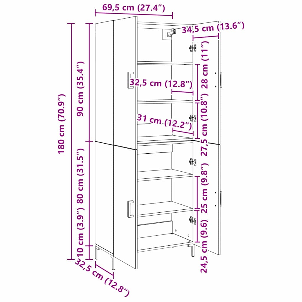 Highboard Zidne Staro drvo 69,5 x 34 x 180 cm Konstruirano drvo