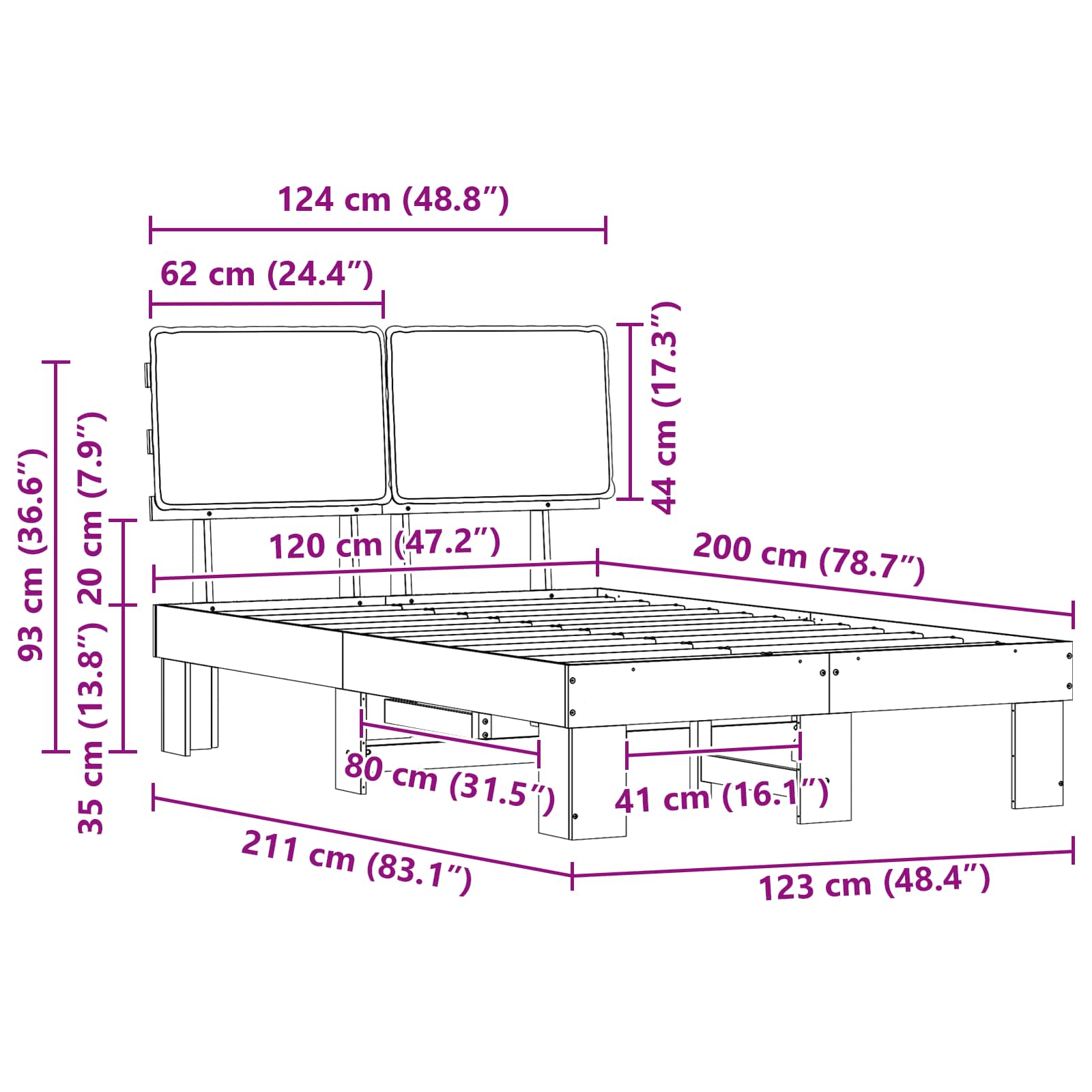 Krevetni okvir s tapiciranim uzglavljem Tamno siva 120 x 200 cm