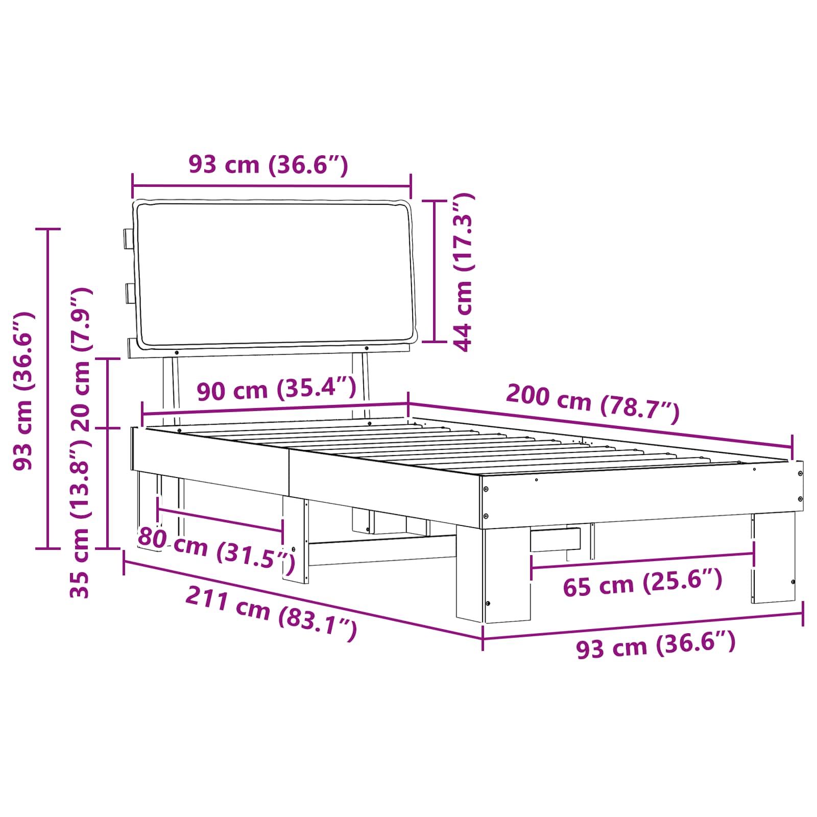 Krevetni okvir s tapiciranim uzglavljem Crna 90 x 200 cm