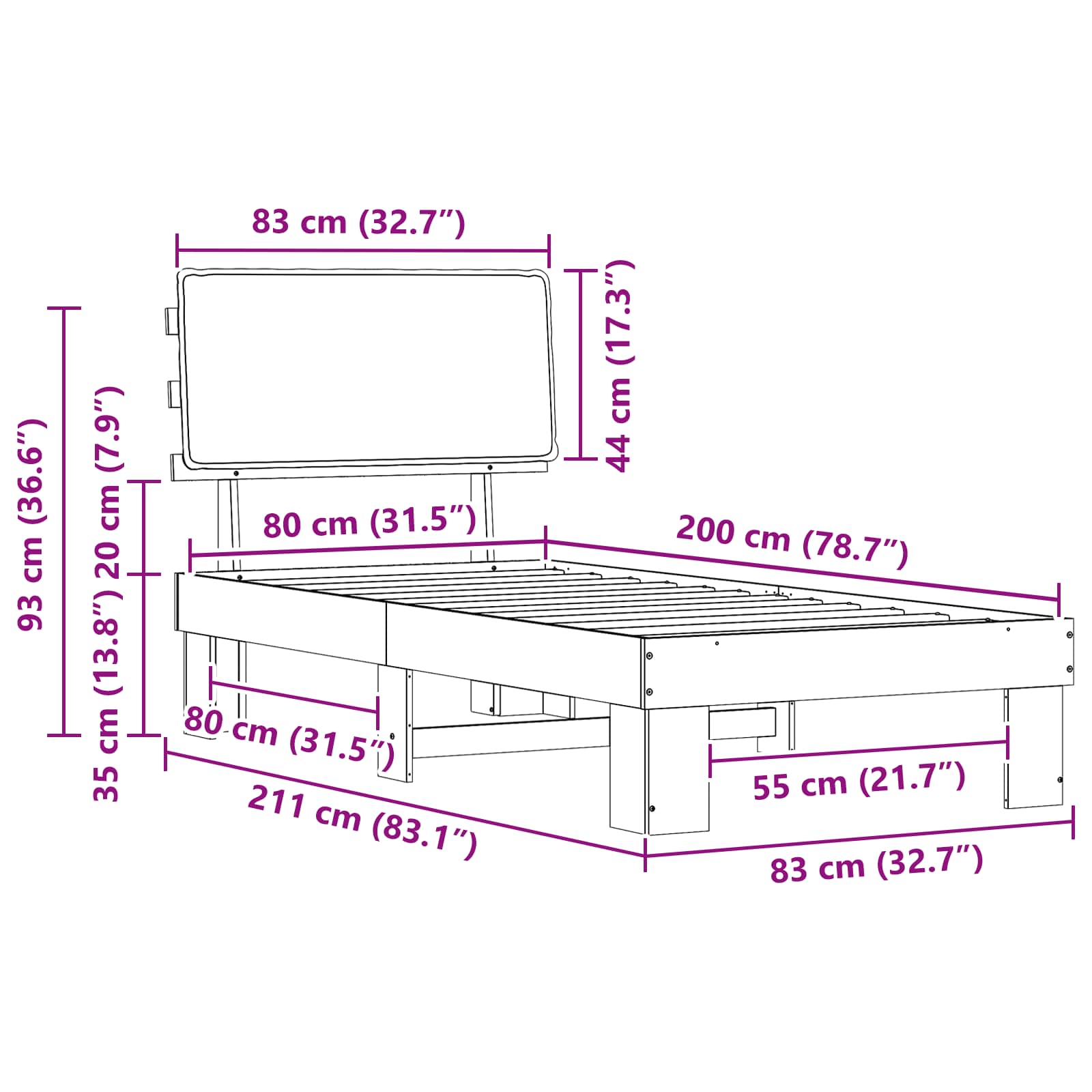 Krevetni okvir s tapiciranim uzglavljem Tamno siva 80 x 200 cm