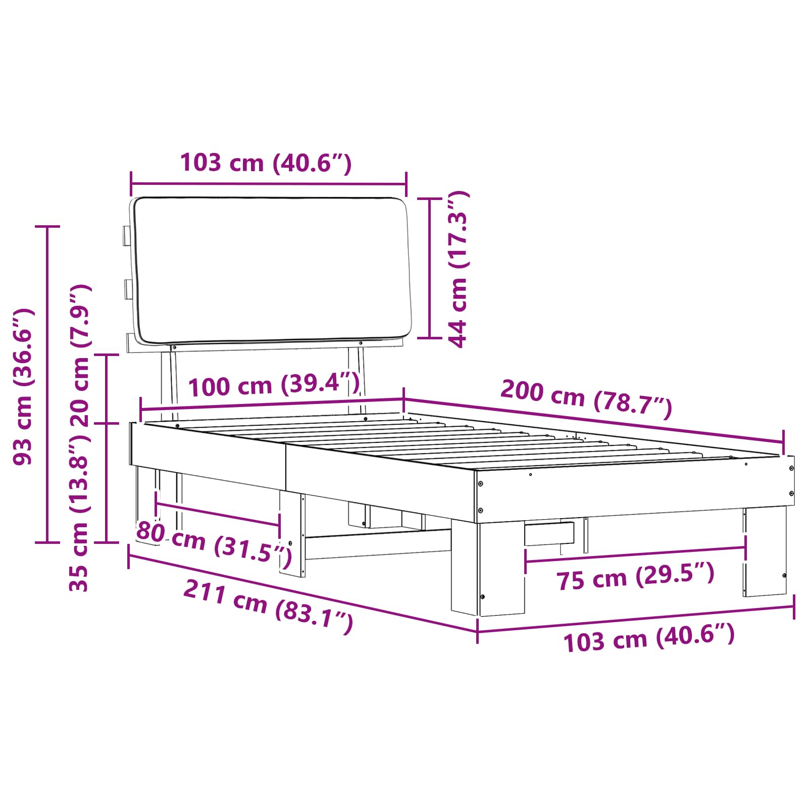 Krevetni okvir s tapiciranim uzglavljem Tamno siva 100 x 200 cm