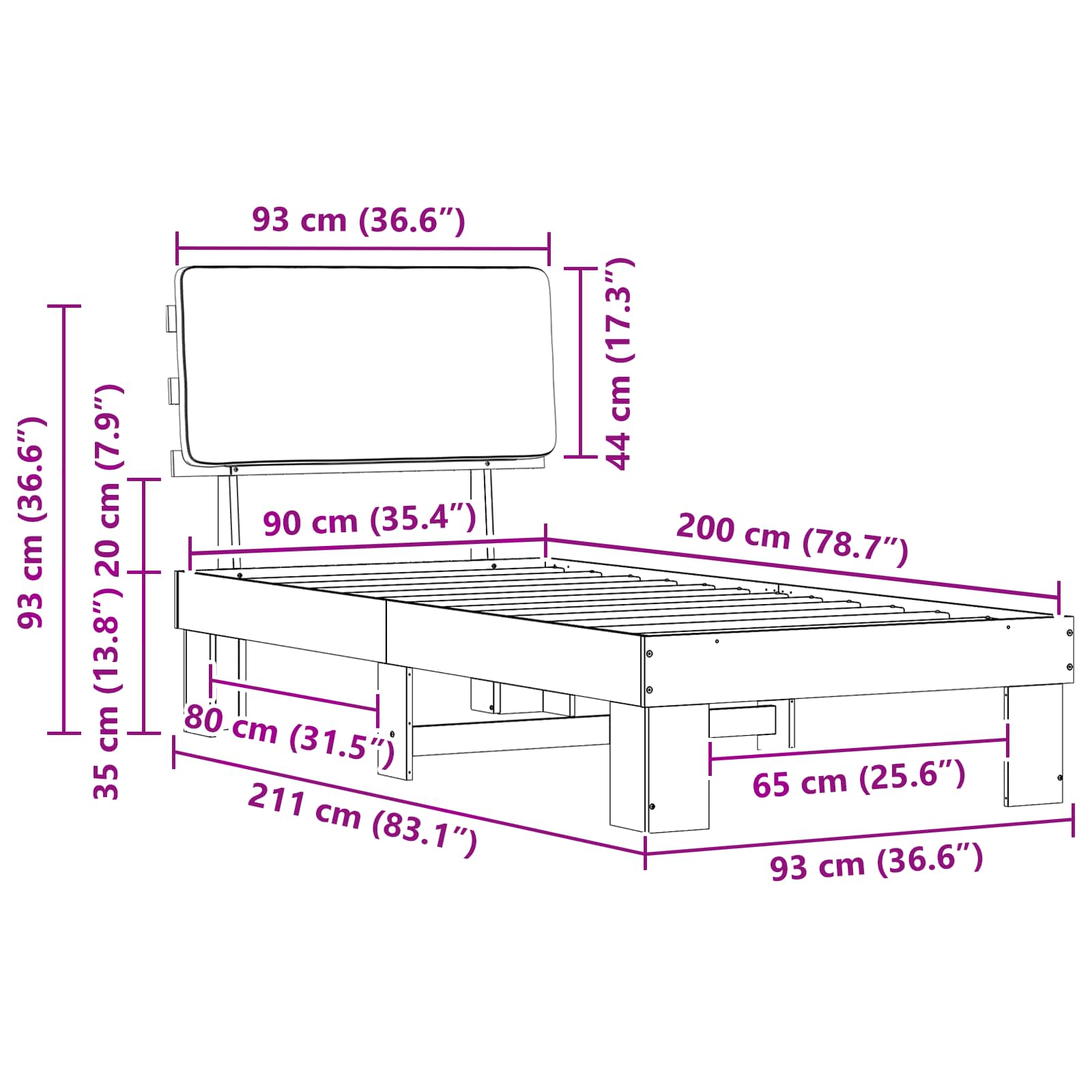 Krevetni okvir s tapiciranim uzglavljem Crna 90 x 200 cm