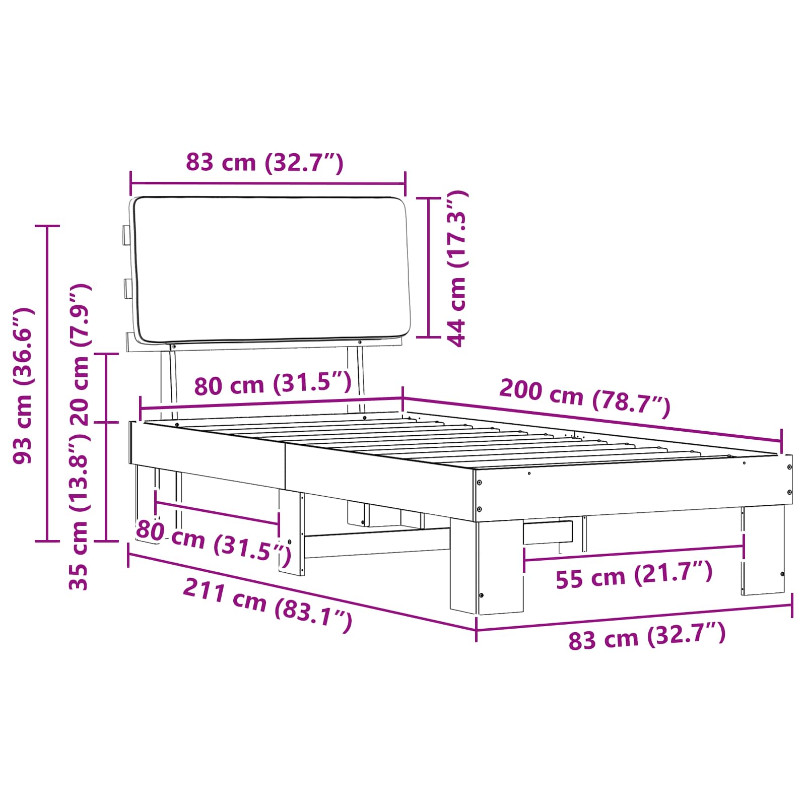 Krevetni okvir s tapiciranim uzglavljem Tamno siva 80 x 200 cm