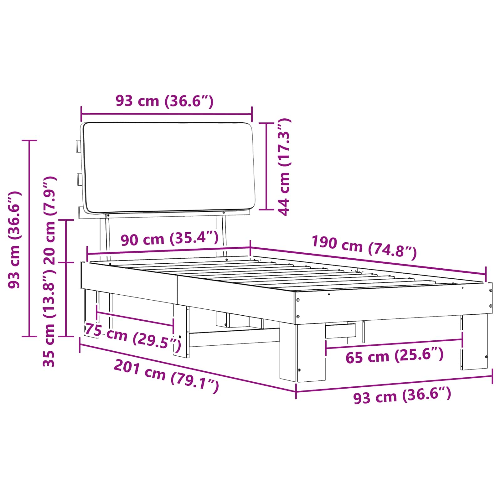 Krevetni okvir s tapiciranim uzglavljem Crna 90 x 190 cm