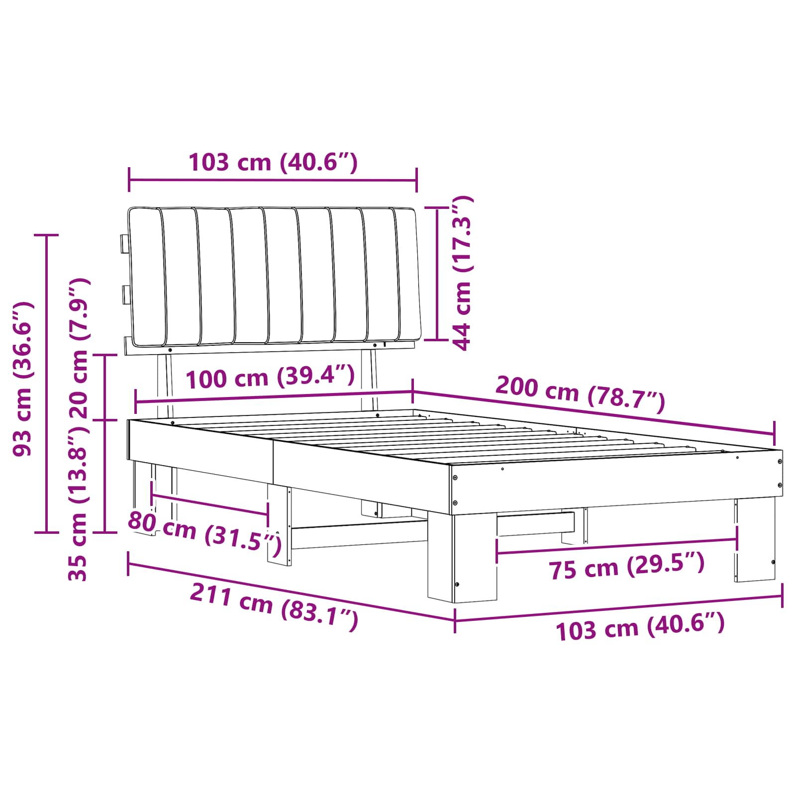 Krevetni okvir s tapiciranim uzglavljem Tamno siva 100 x 200 cm