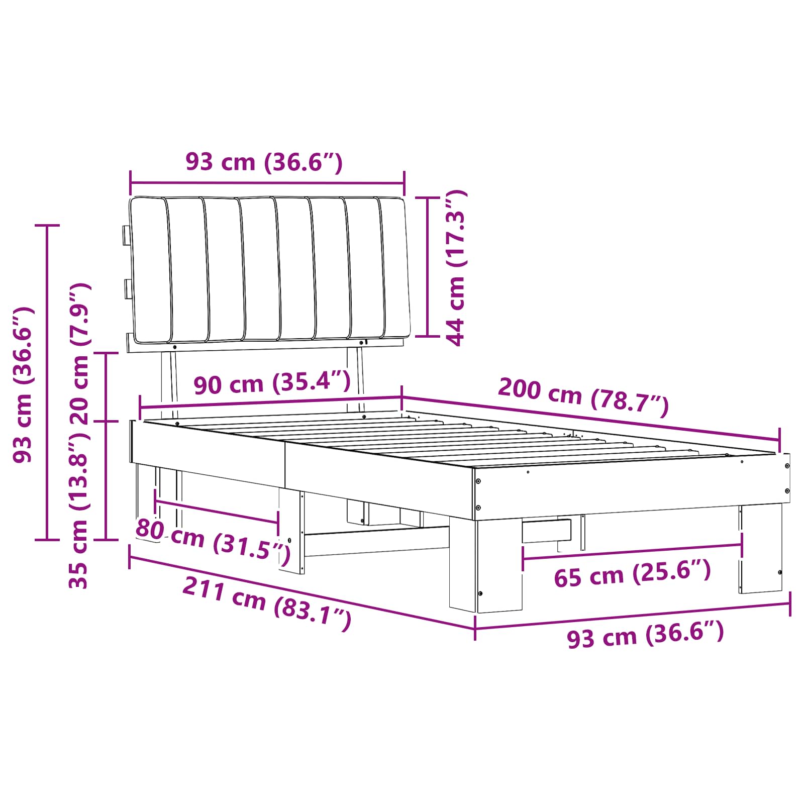 Krevetni okvir s tapiciranim uzglavljem Crna 90 x 200 cm
