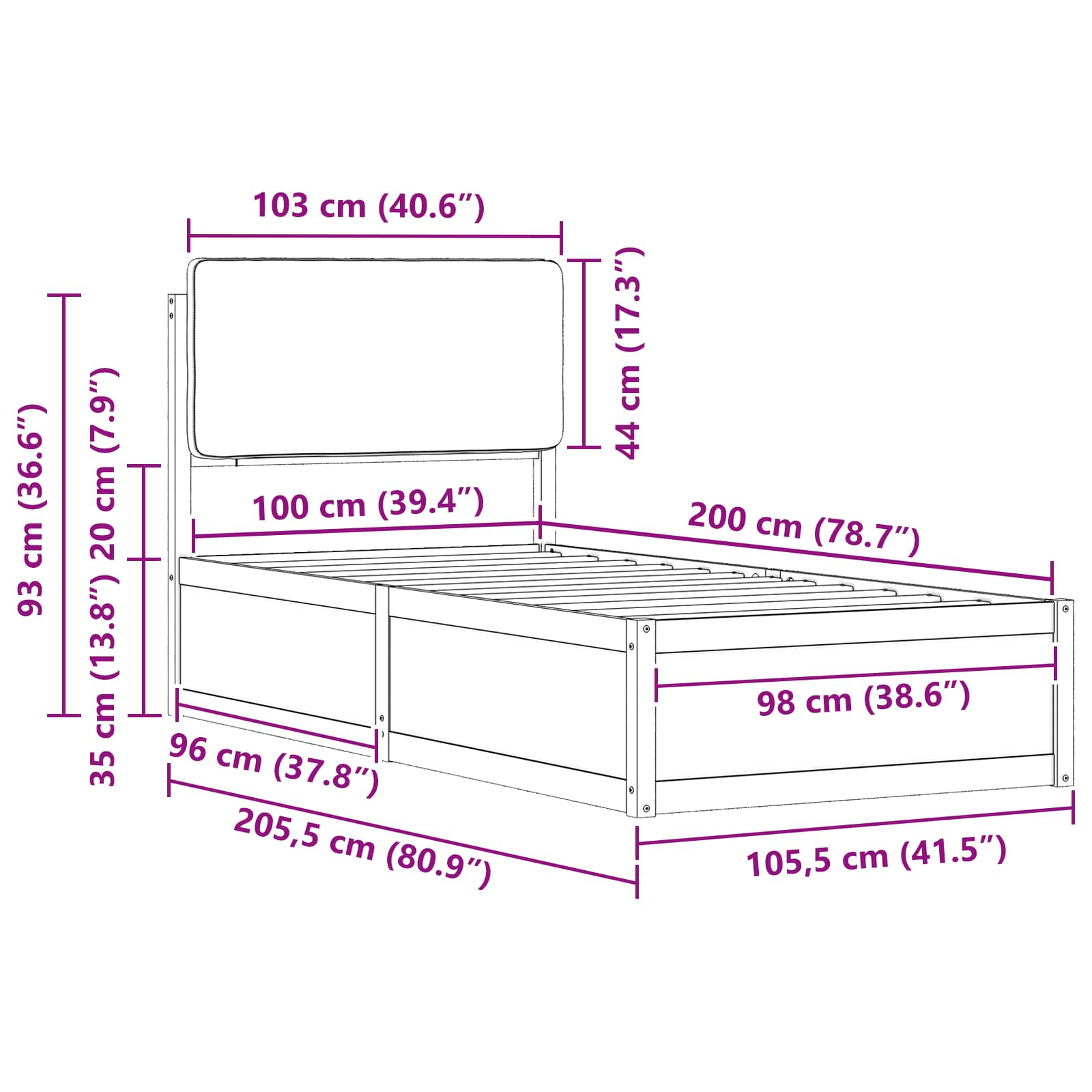 Krevetni okvir s tapiciranim uzglavljem Tamno siva 100 x 200 cm