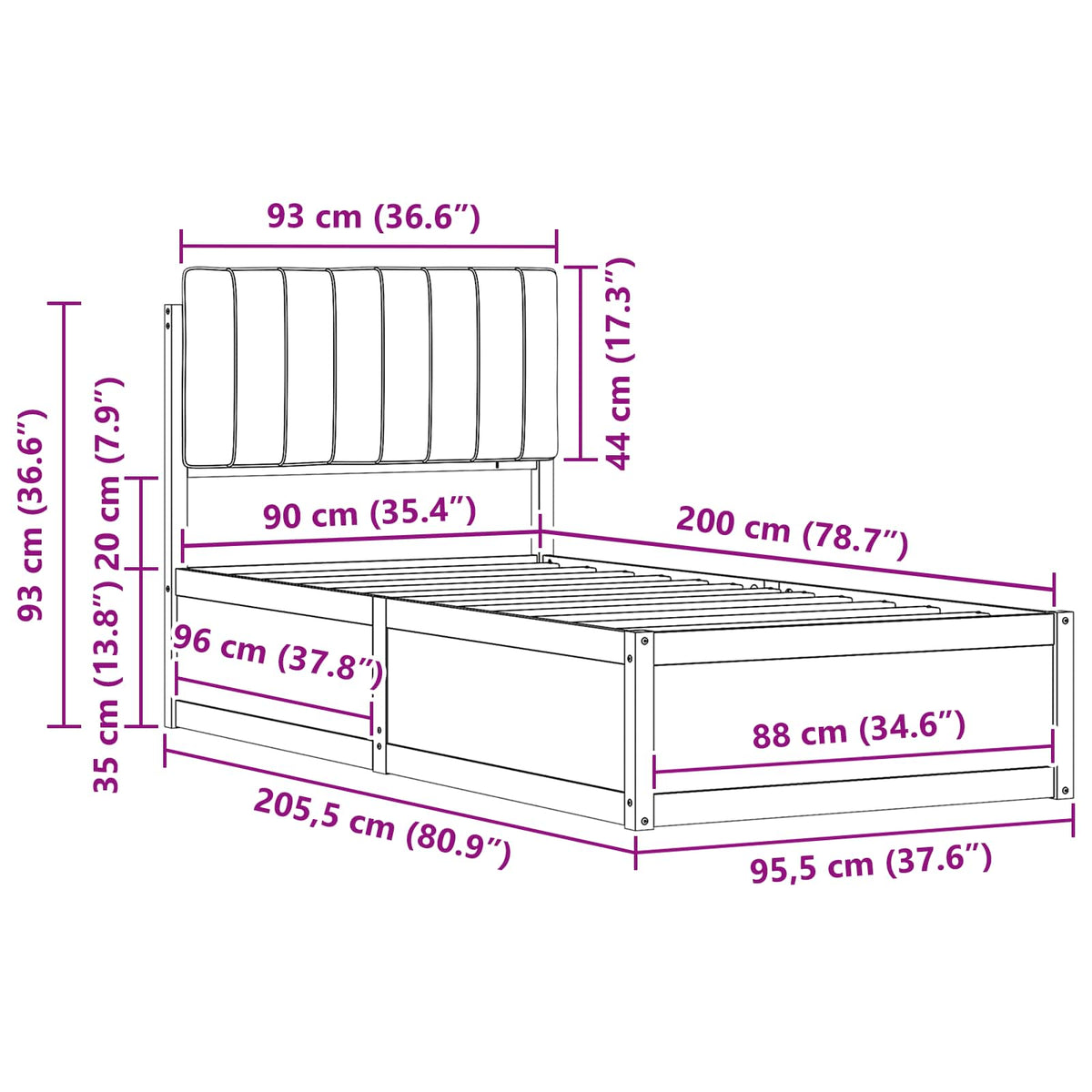 Krevetni okvir s tapiciranim uzglavljem Tamno siva 90 x 200 cm