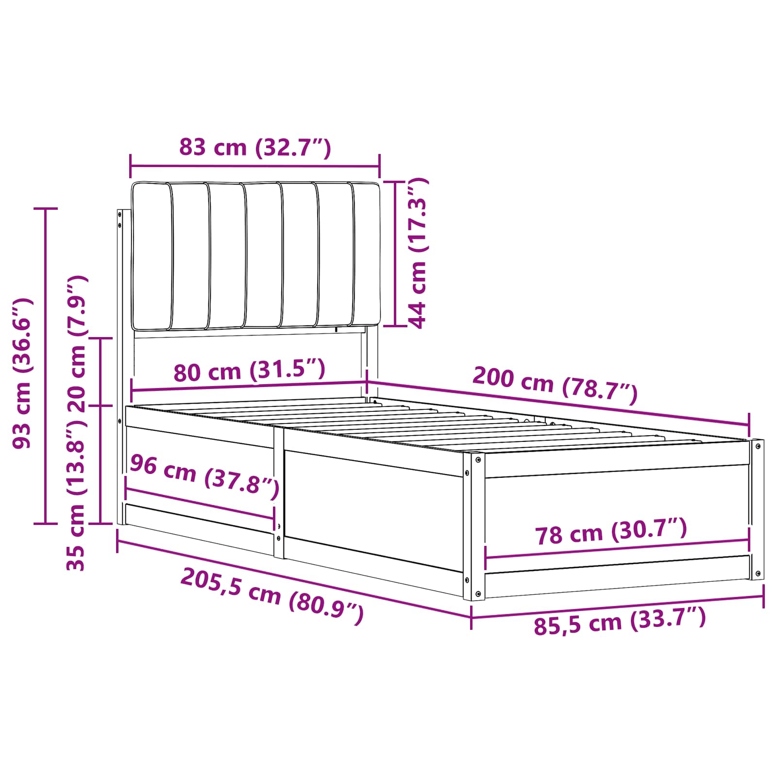 Krevetni okvir s tapiciranim uzglavljem Crna 80 x 200 cm