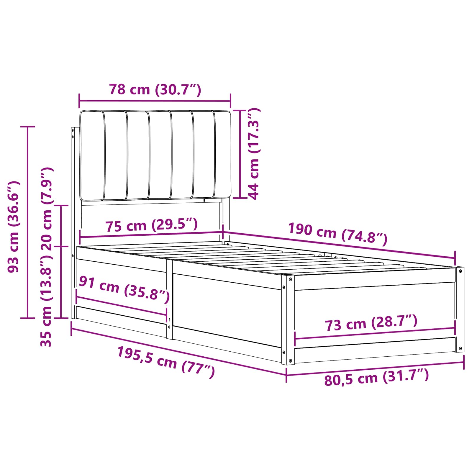 Krevetni okvir s tapiciranim uzglavljem Crna 75 x 190 cm