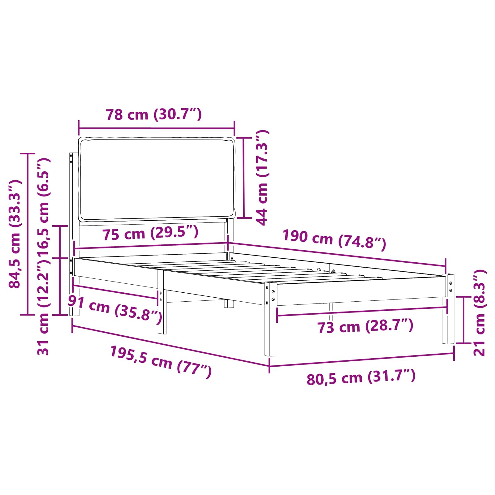 Krevetni okvir s tapiciranim uzglavljem Crna 75 x 190 cm