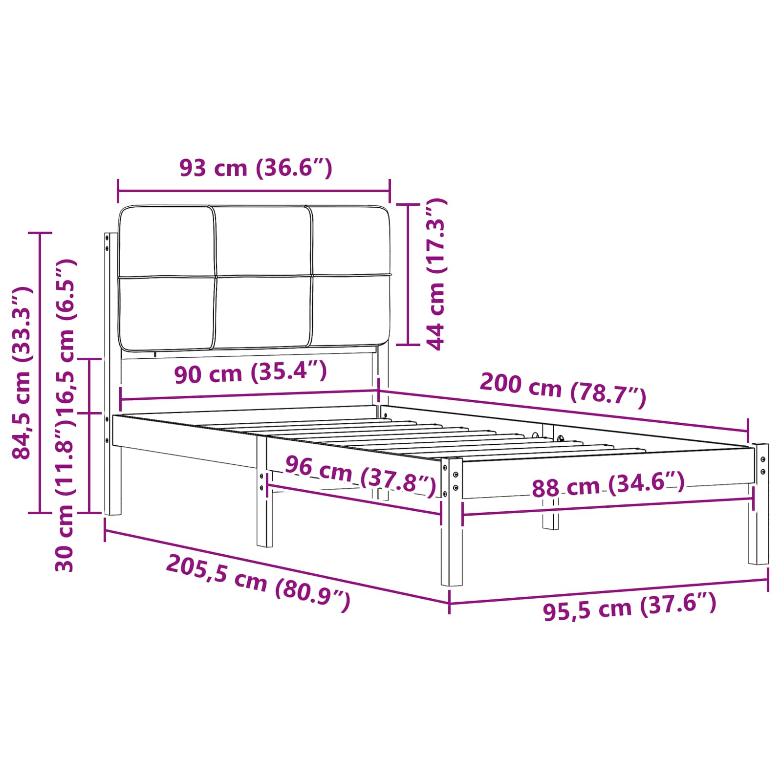 Krevetni okvir s tapiciranim uzglavljem Crna 90 x 200 cm