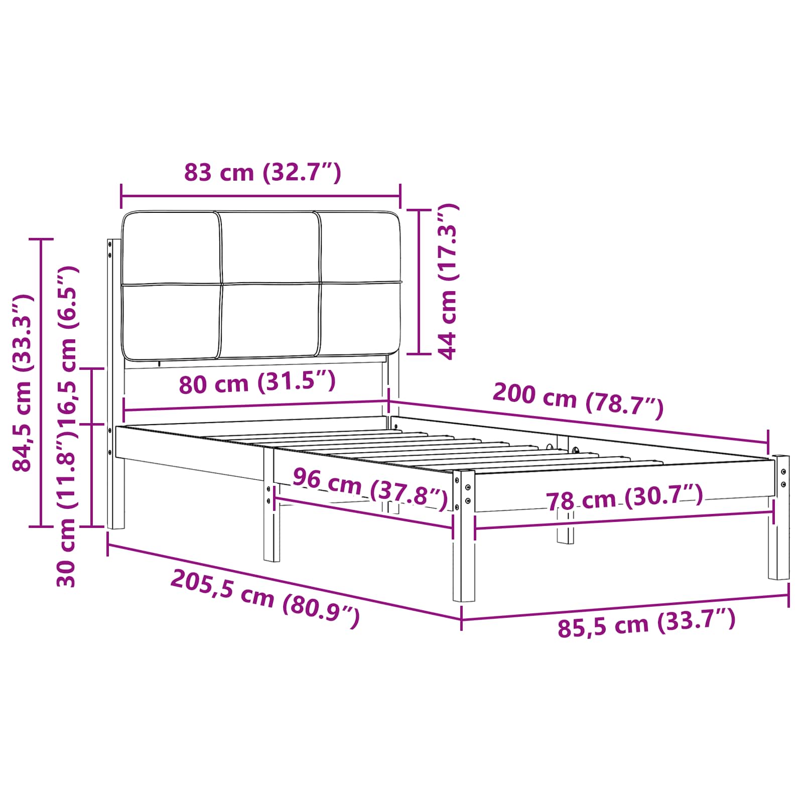 Krevetni okvir s tapiciranim uzglavljem Tamno siva 80 x 200 cm