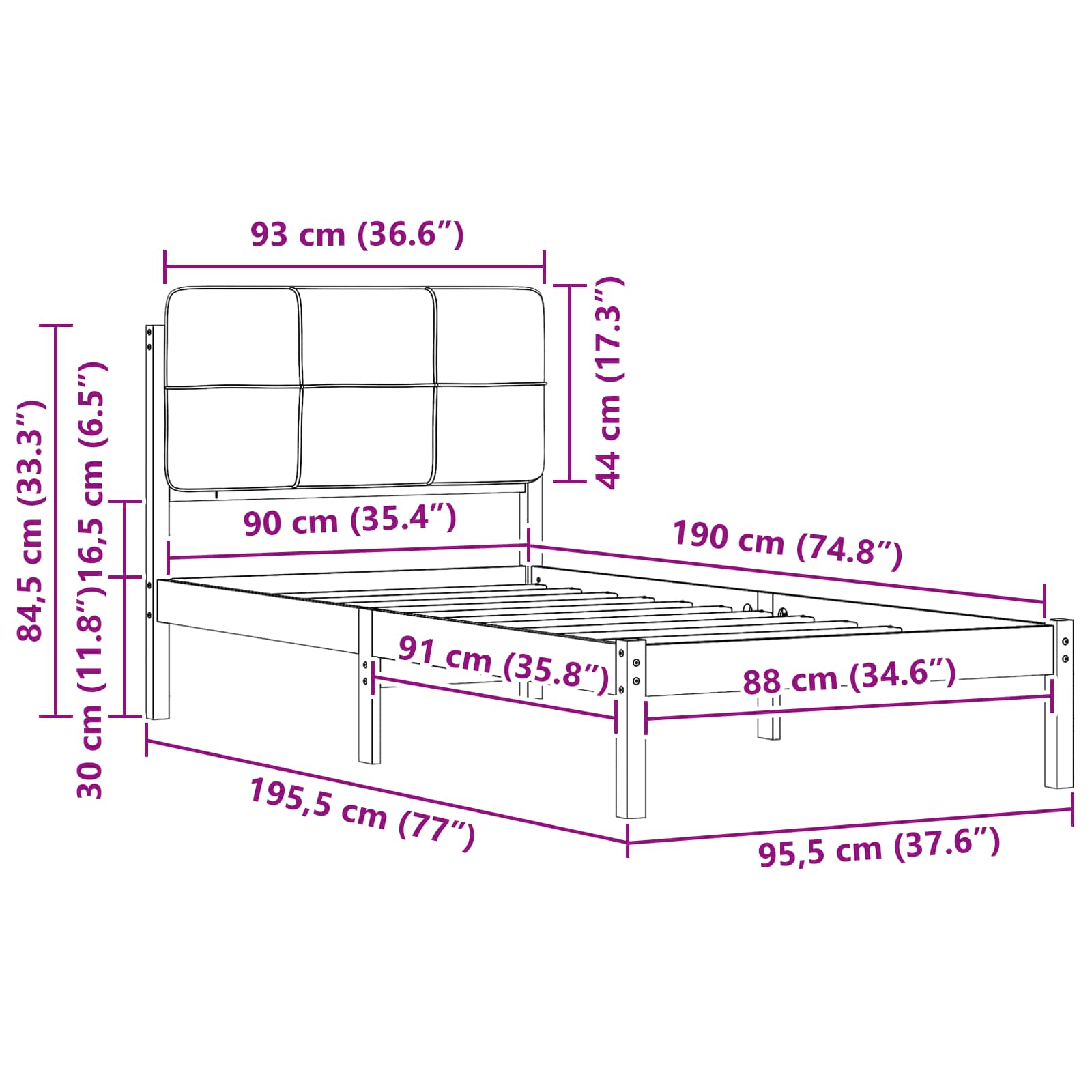 Krevetni okvir s tapiciranim uzglavljem Tamno siva 90 x 190 cm