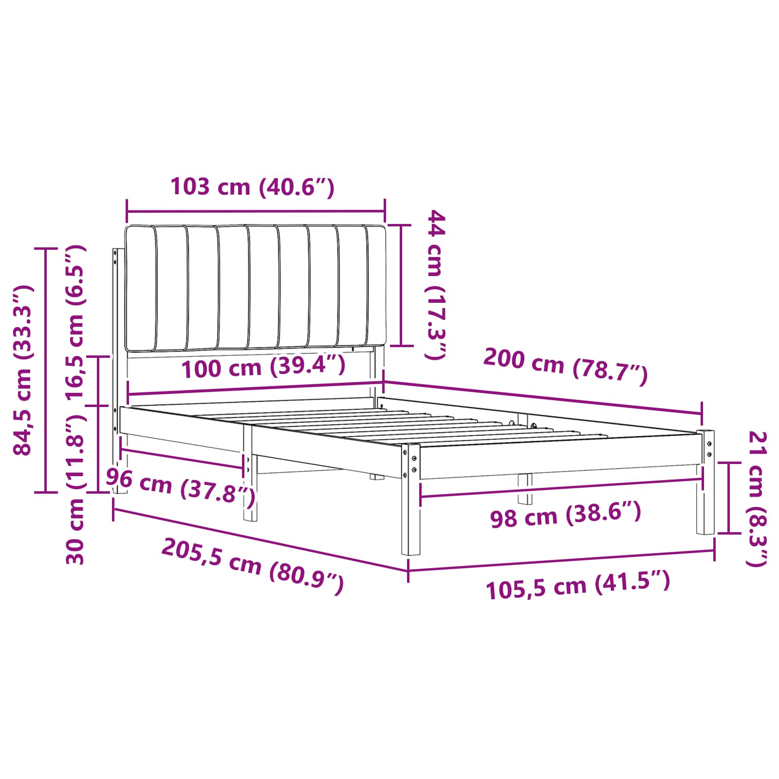 Krevetni okvir s tapiciranim uzglavljem Tamno siva 100 x 200 cm