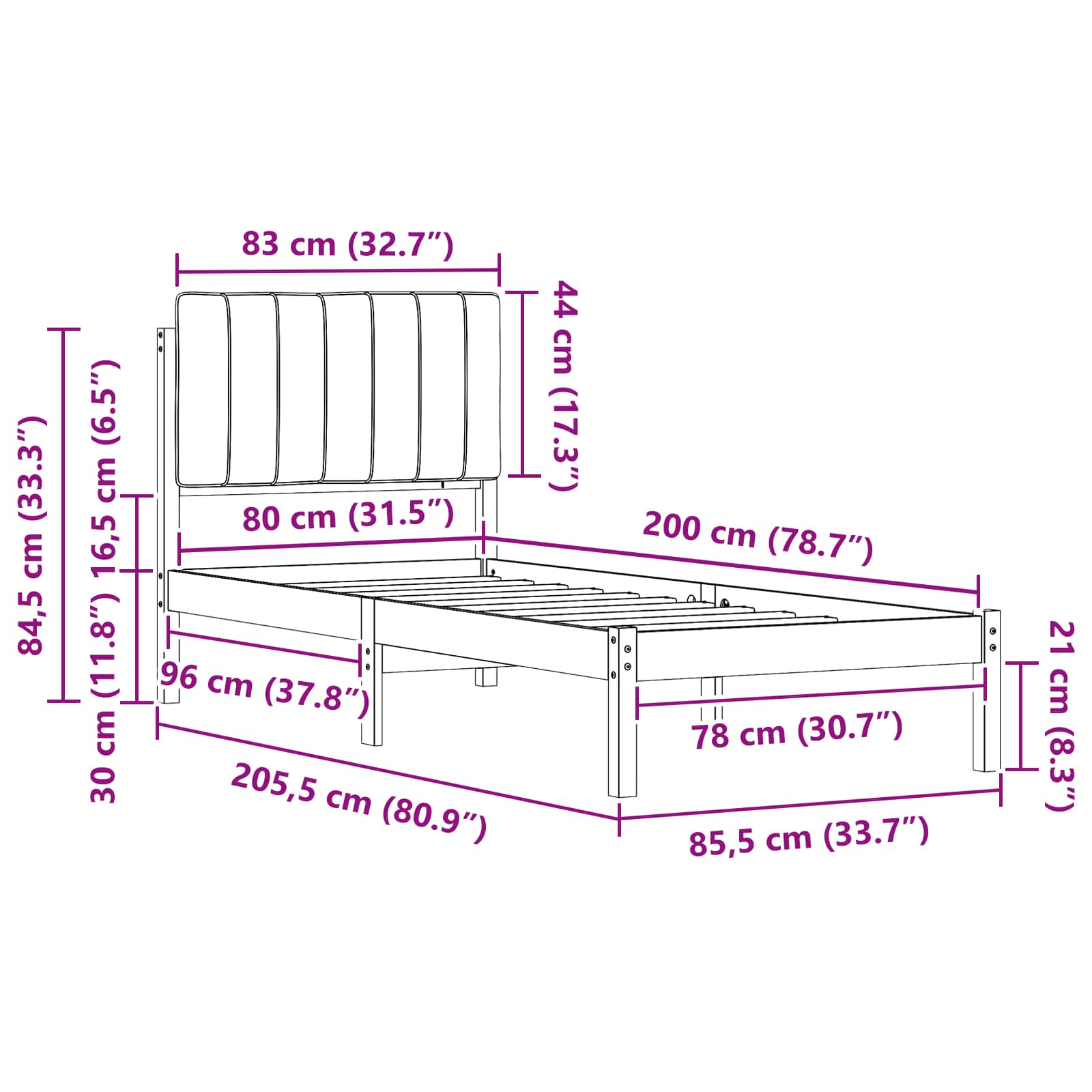 Krevetni okvir s tapiciranim uzglavljem Crna 80 x 200 cm