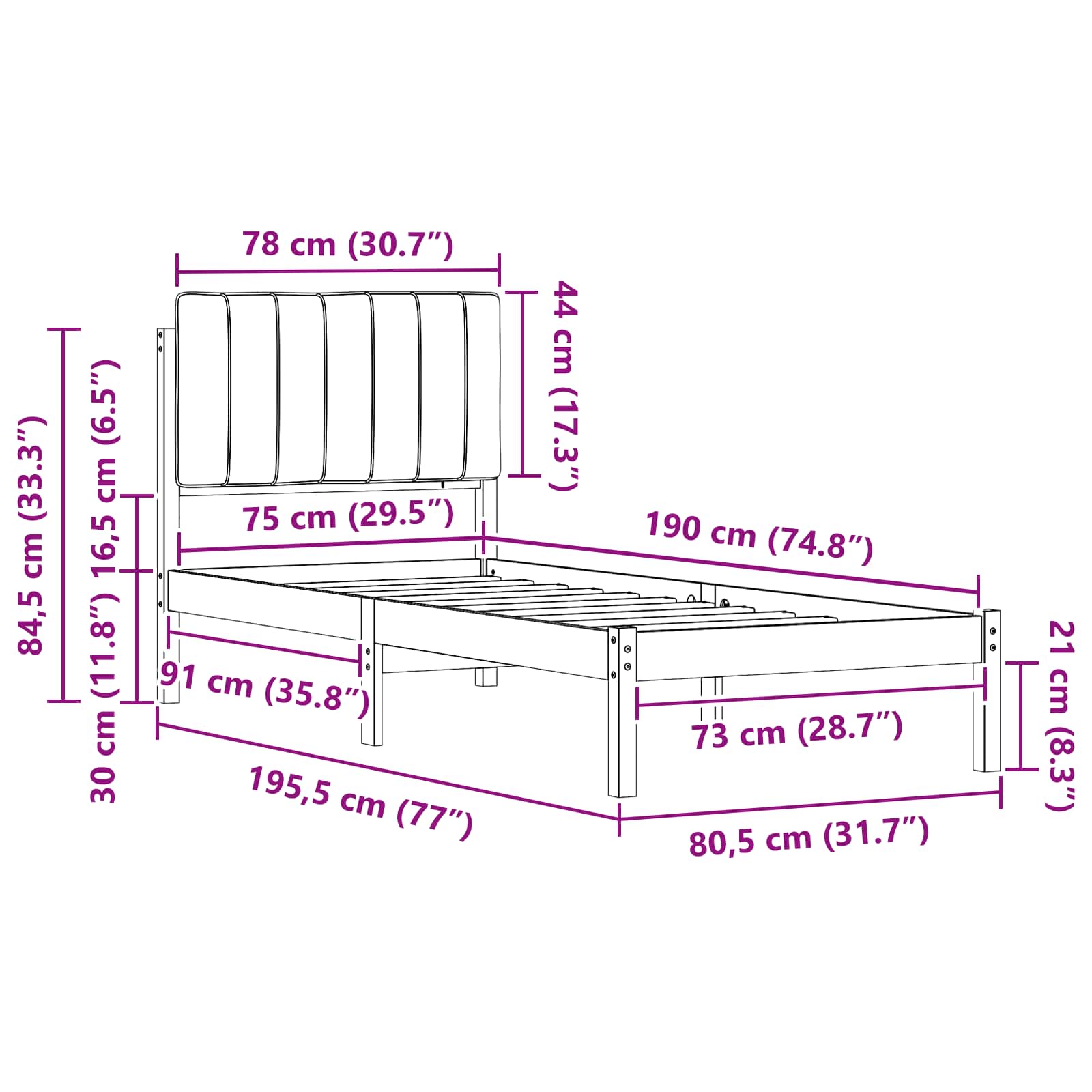 Krevetni okvir s tapiciranim uzglavljem Crna 75 x 190 cm