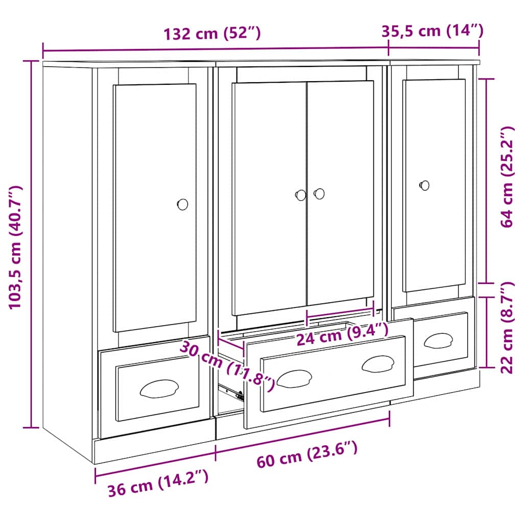 Highboard s ladicama 3 pcs Staro drvo Konstruirano drvo