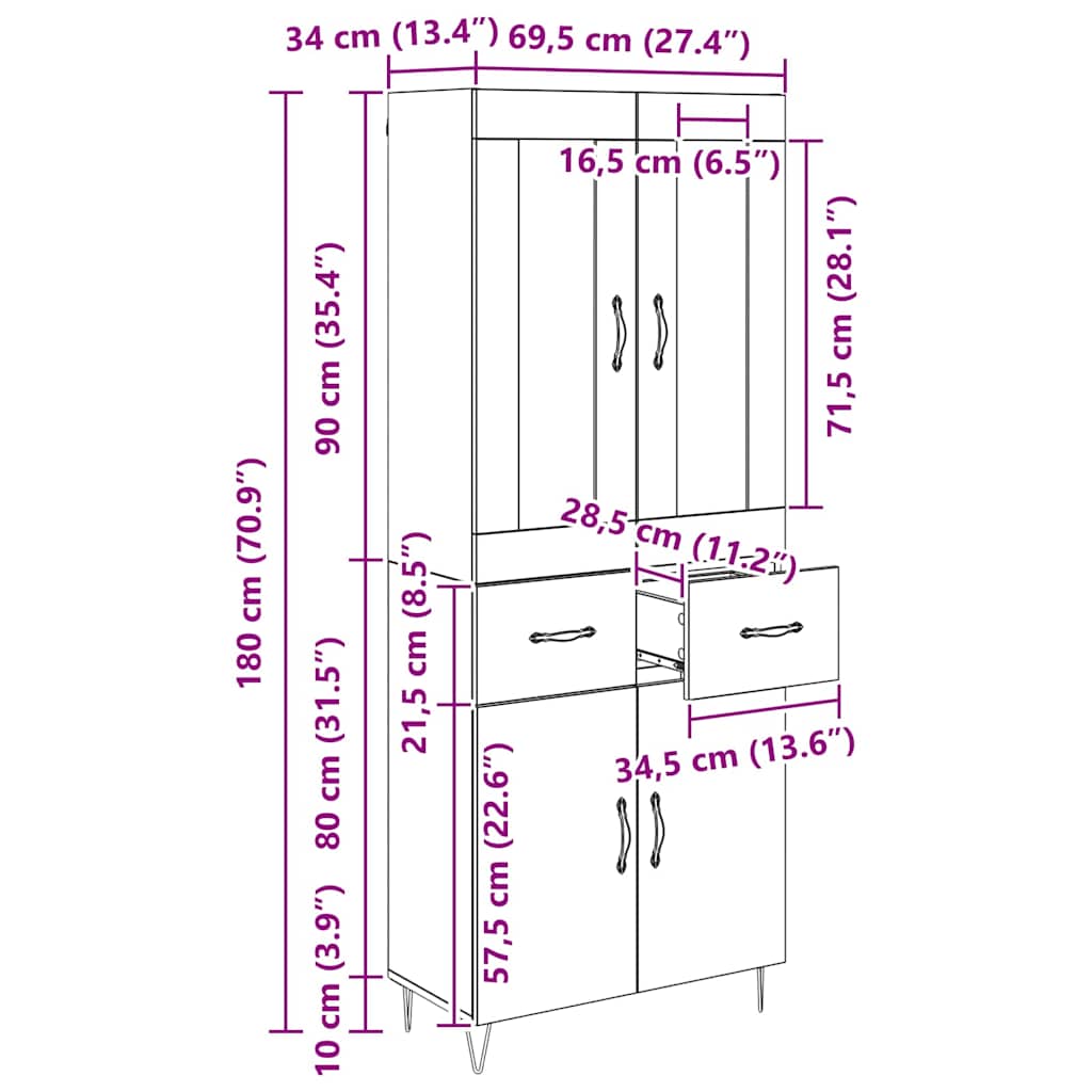 Highboard Umjetnički hrast 69,5 x 34 x 90 cm Konstruirano drvo