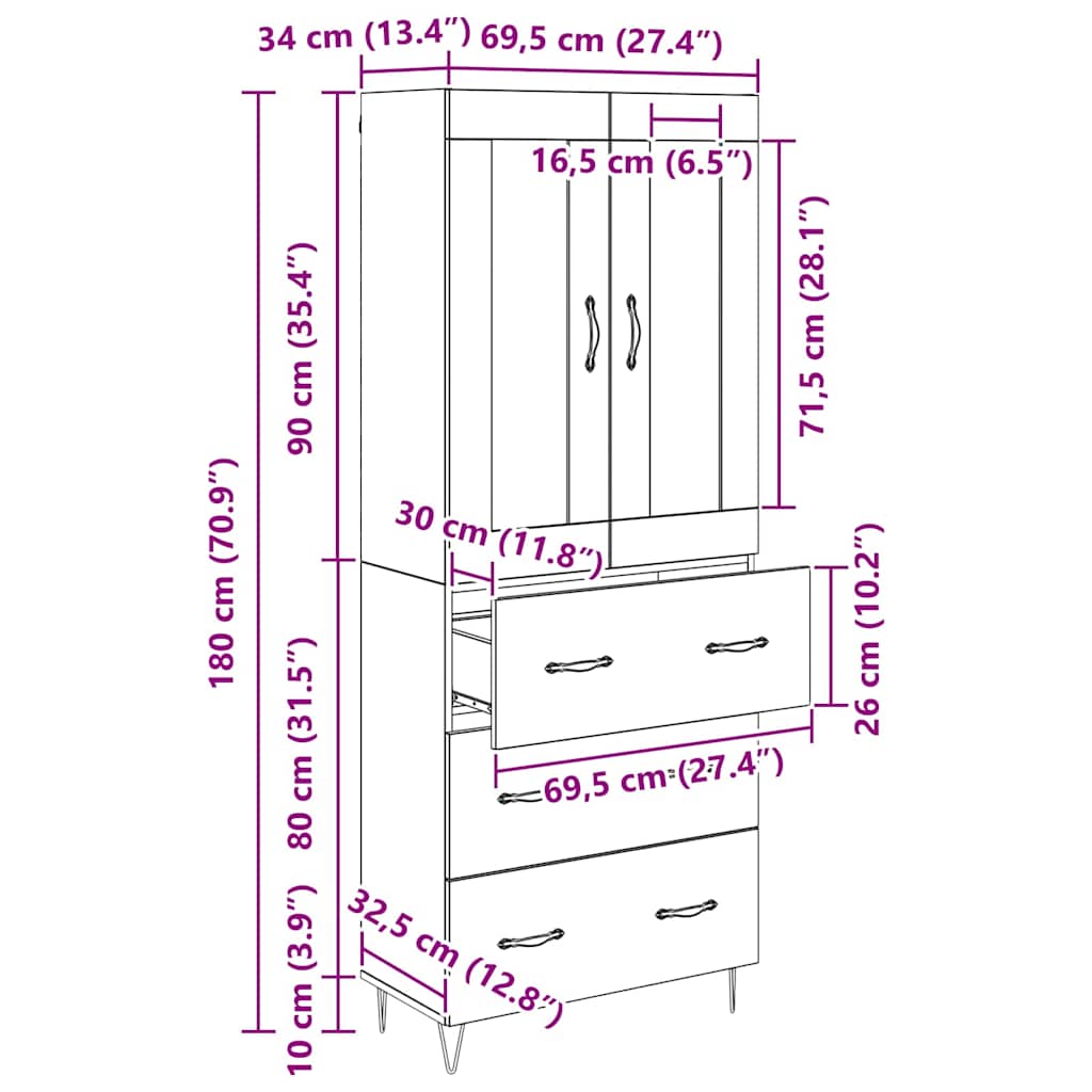 Highboard Crni hrast 69,5 x 34 x 90 cm Konstruirano drvo