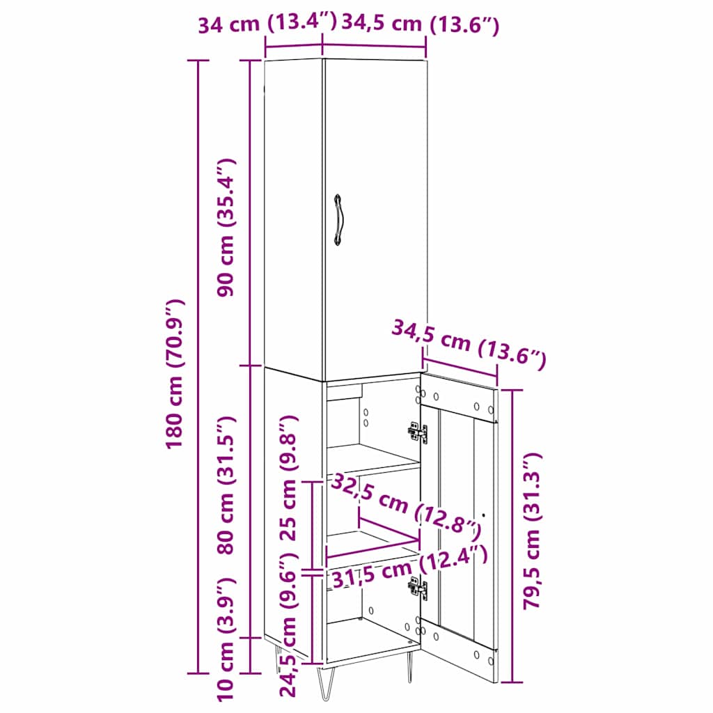 Highboard Staro drvo 34,5 x 34 x 90 cm Konstruirano drvo