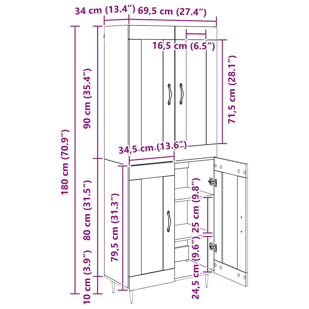 Highboard Umjetnički hrast 69,5 x 34 x 90 cm Konstruirano drvo