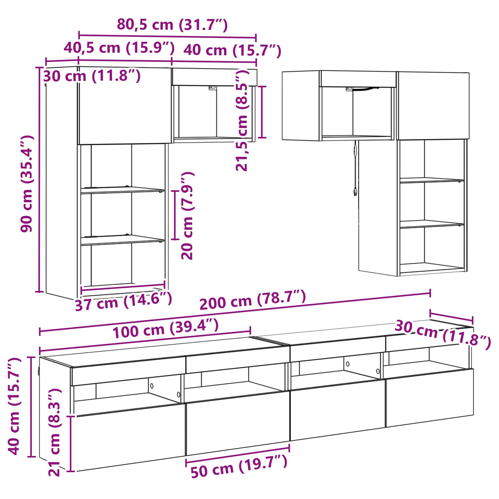 TV zidne jedinice Zidne 6 pcs Crni hrast Konstruirano drvo