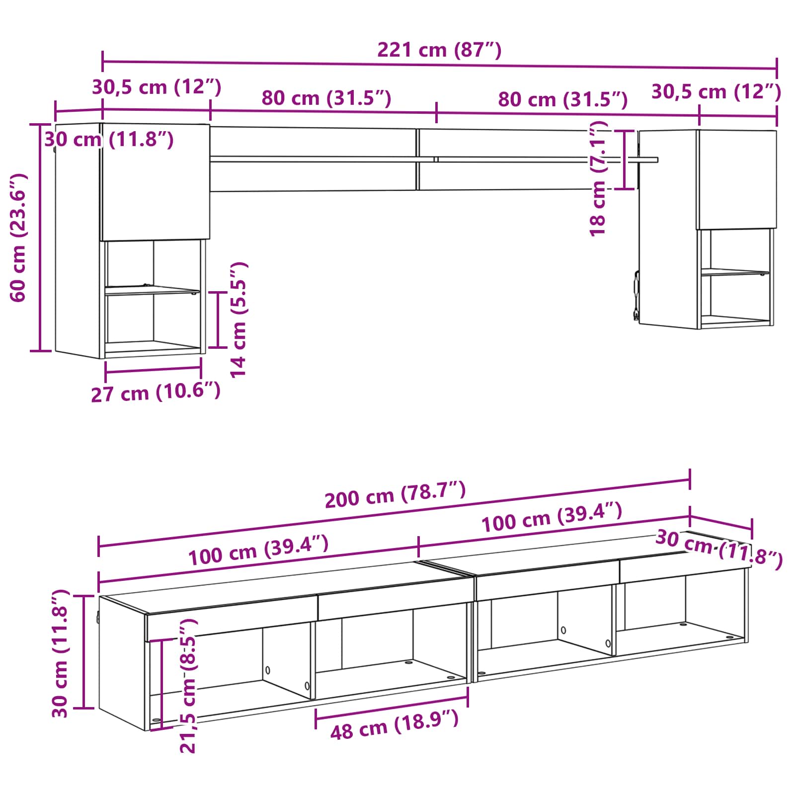 TV zidne jedinice s LED-om 6 pcs Staro drvo Konstruirano drvo