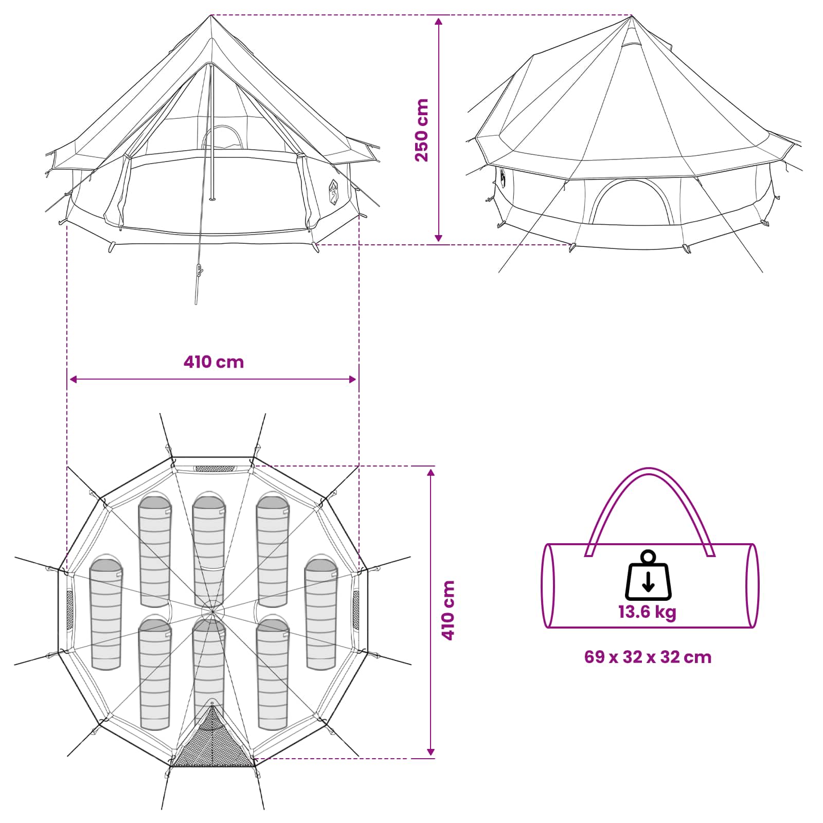 Obiteljski šator Maslinasto zelena 8 osoba Polipamuk