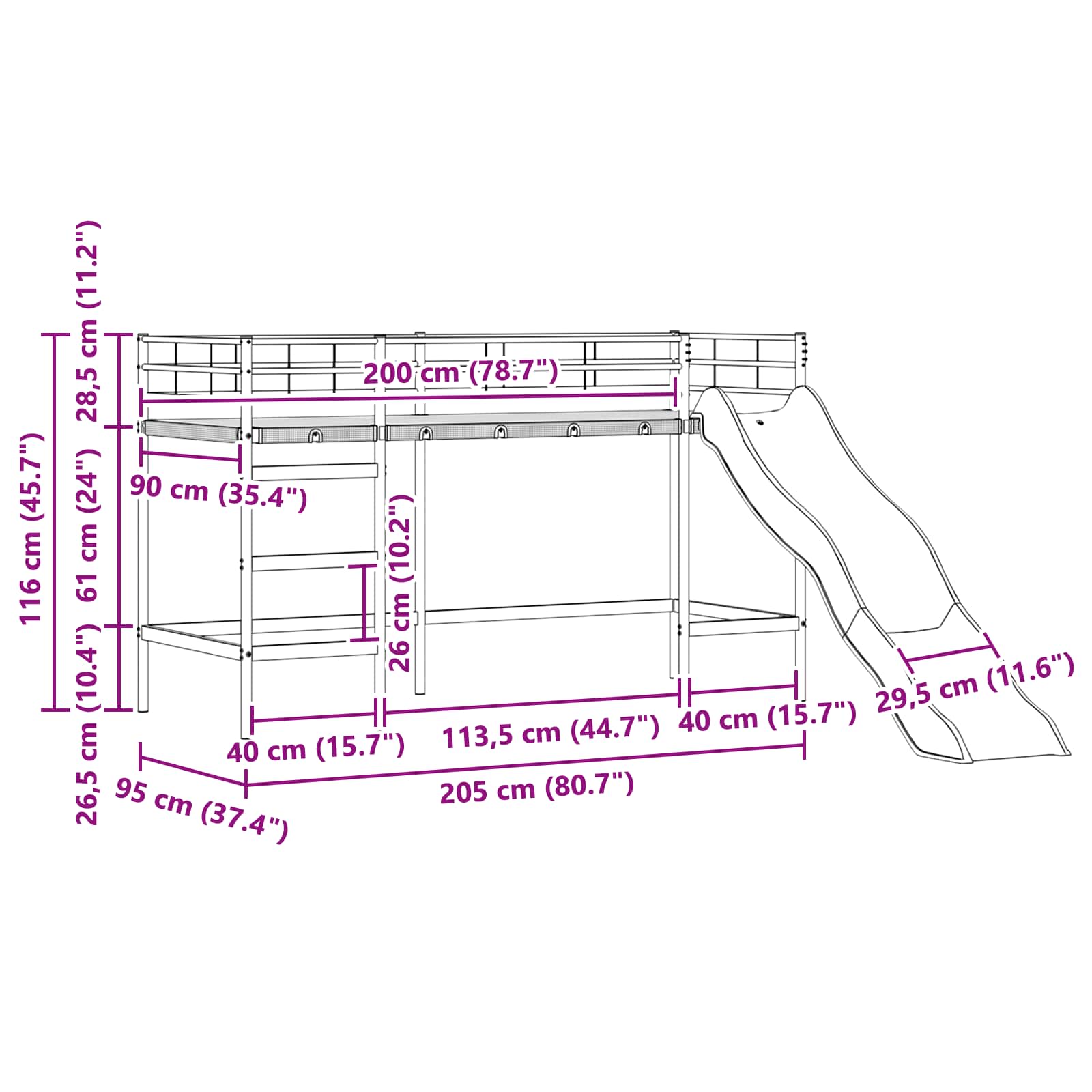 Krevet na kat za djecu s toboganom Crna i antracit 90 x 200 cm