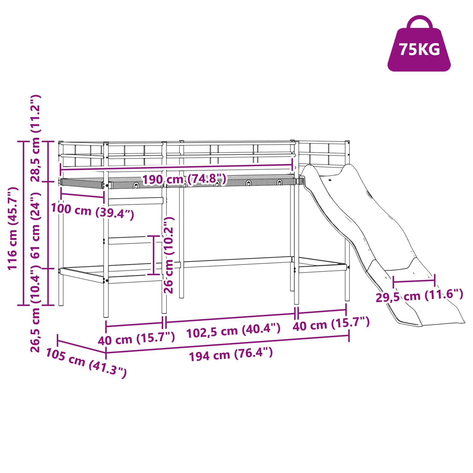 Krevet na kat za djecu s toboganom Crna i antracit 100 x 190 cm