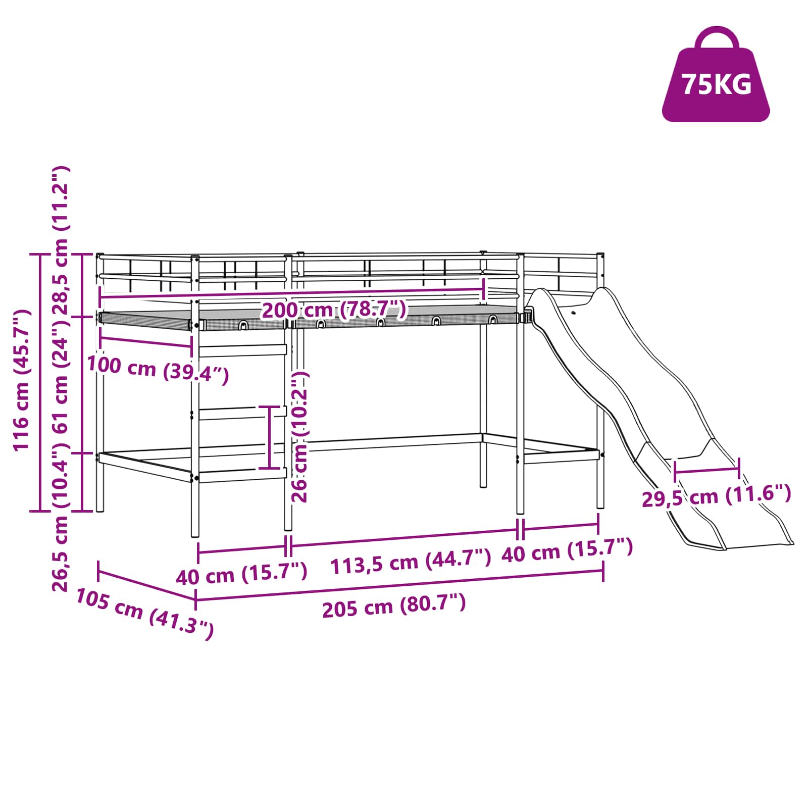Krevet na kat za djecu s toboganom Crna i antracit 100 x 200 cm