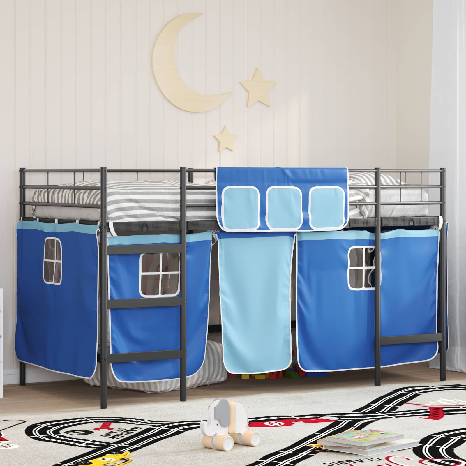 Krevet na kat za djecu s zavjesama Crna i Plava 100 x 200 cm