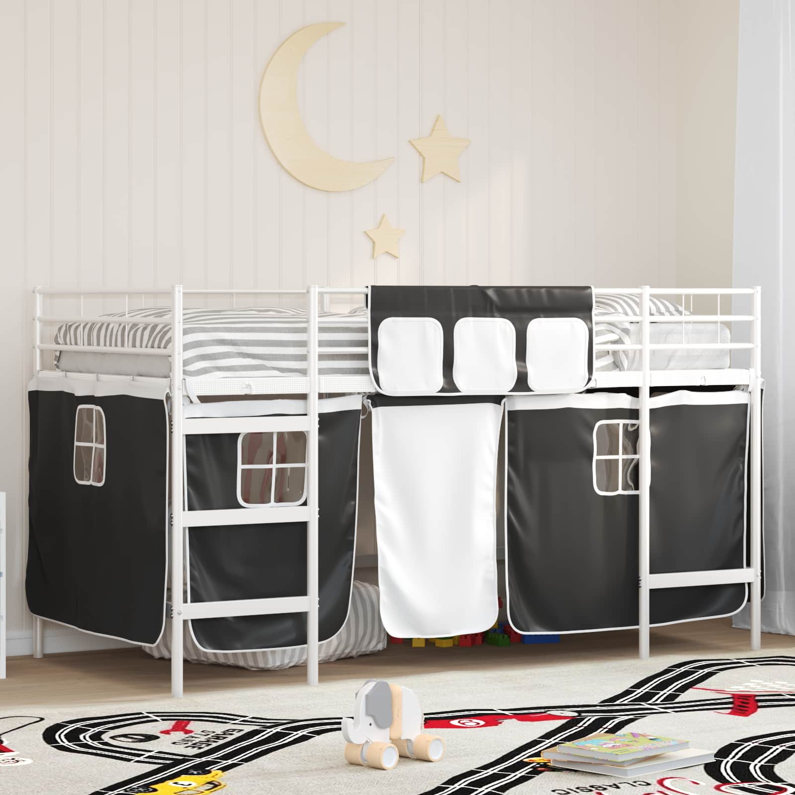 Krevet na kat za djecu s zavjesama Bijela i crna 90 x 200 cm