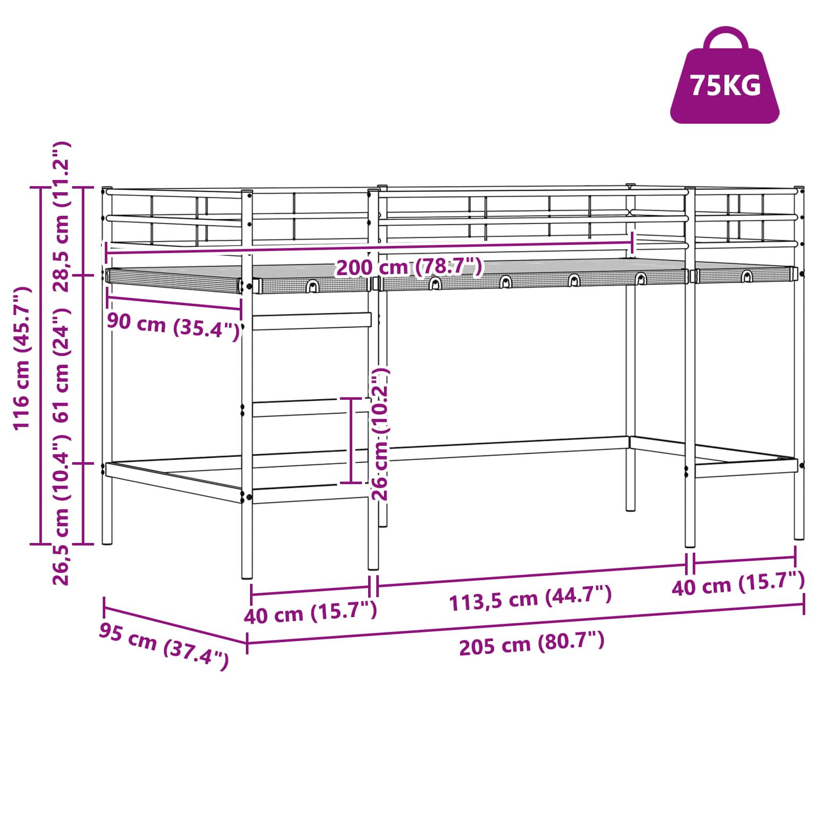 Krevet na kat za djecu s zavjesama Bijela i roza 90 x 200 cm