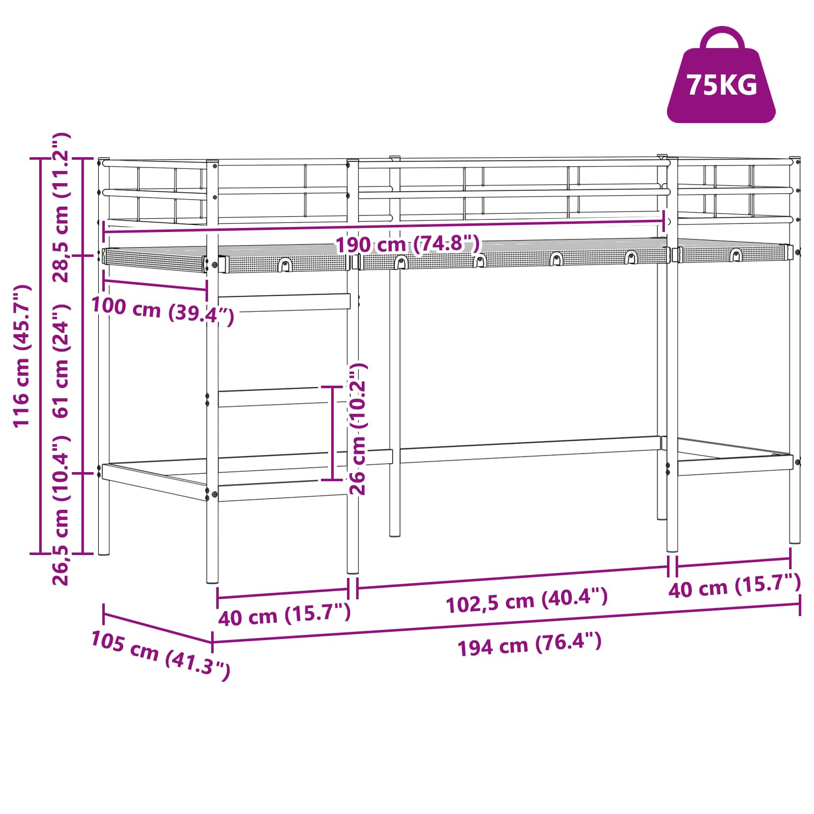 Krevet na kat za djecu s zavjesama Bijela i roza 100 x 190 cm