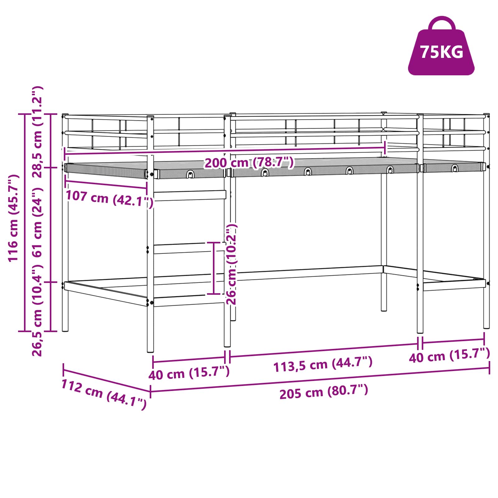Krevet na kat za djecu s zavjesama Bijela i roza 107 x 200 cm
