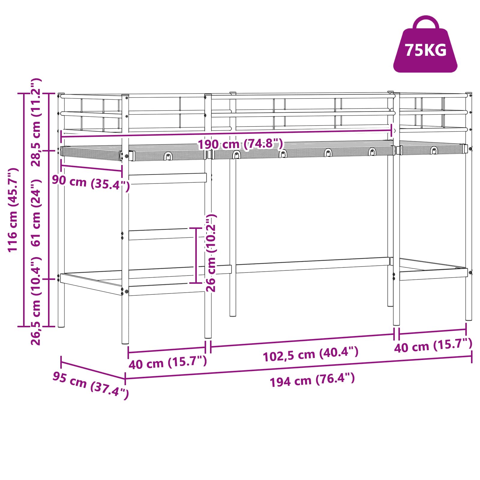 Okvir Krevet za Dječji Loft Bijela i crna 90 x 190 cm Metal