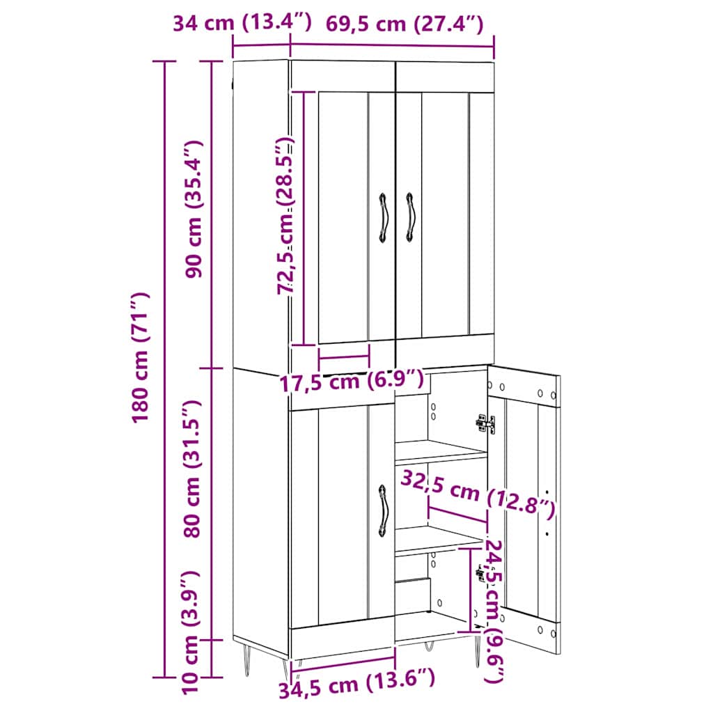 Highboard Umjetnički hrast 69,5 x 34 x 180 cm Konstruirano drvo