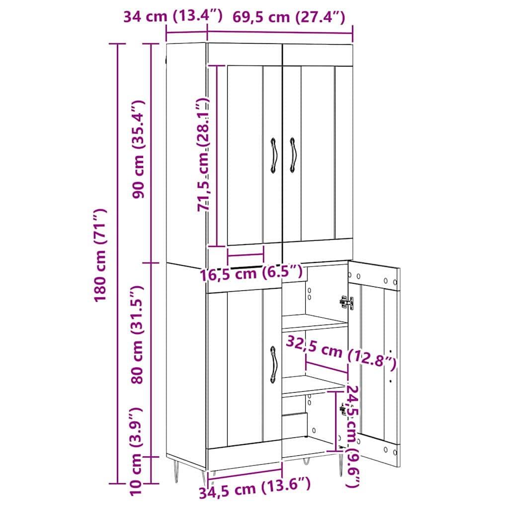 Highboard Crni hrast 69,5 x 34 x 180 cm Konstruirano drvo