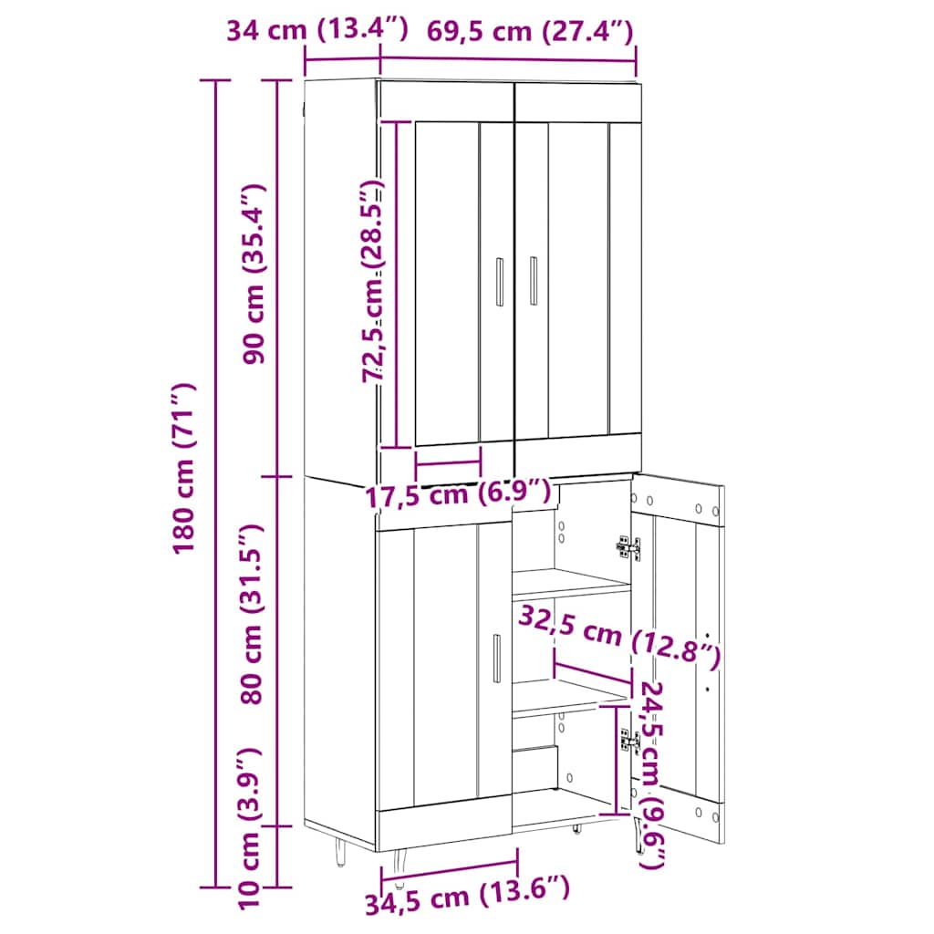 Highboard 2 pcs Crni hrast Inženjerska drva i staklo
