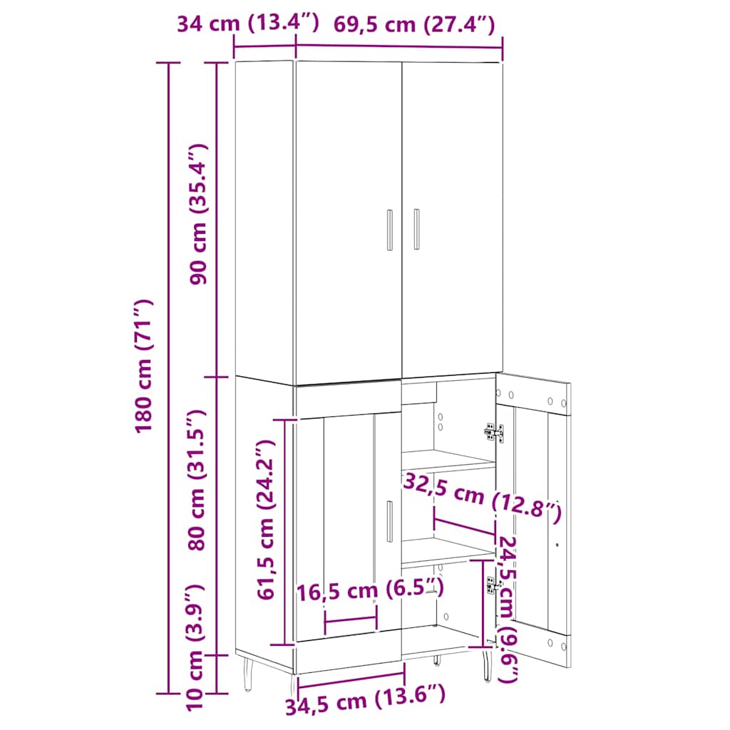 Highboard 2 pcs Staro drvo 69,5 x 34 x 180 cm Konstruirano drvo