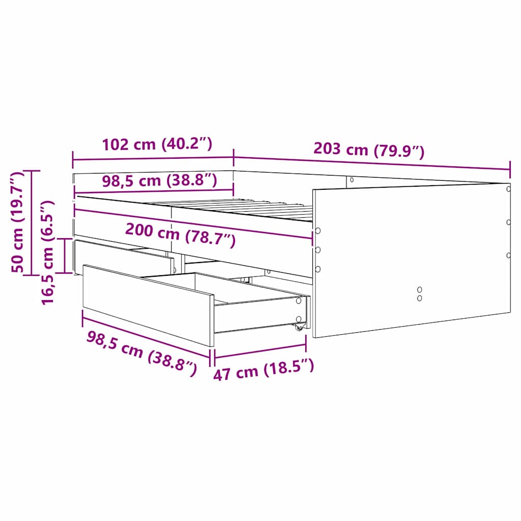 Krevetna konstrukcija s ladicama Crni hrast 100 x 200 cm