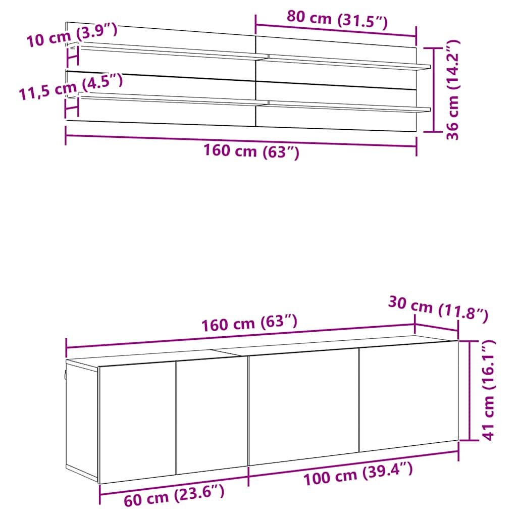TV Jedinice Zidne 6 pcs Crni hrast Konstruirano drvo