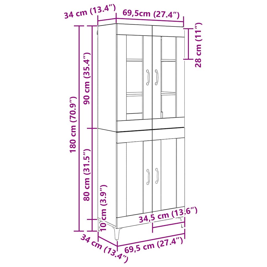 Highboard Crni hrast 69,5 x 34 x 180 cm Konstruirano drvo