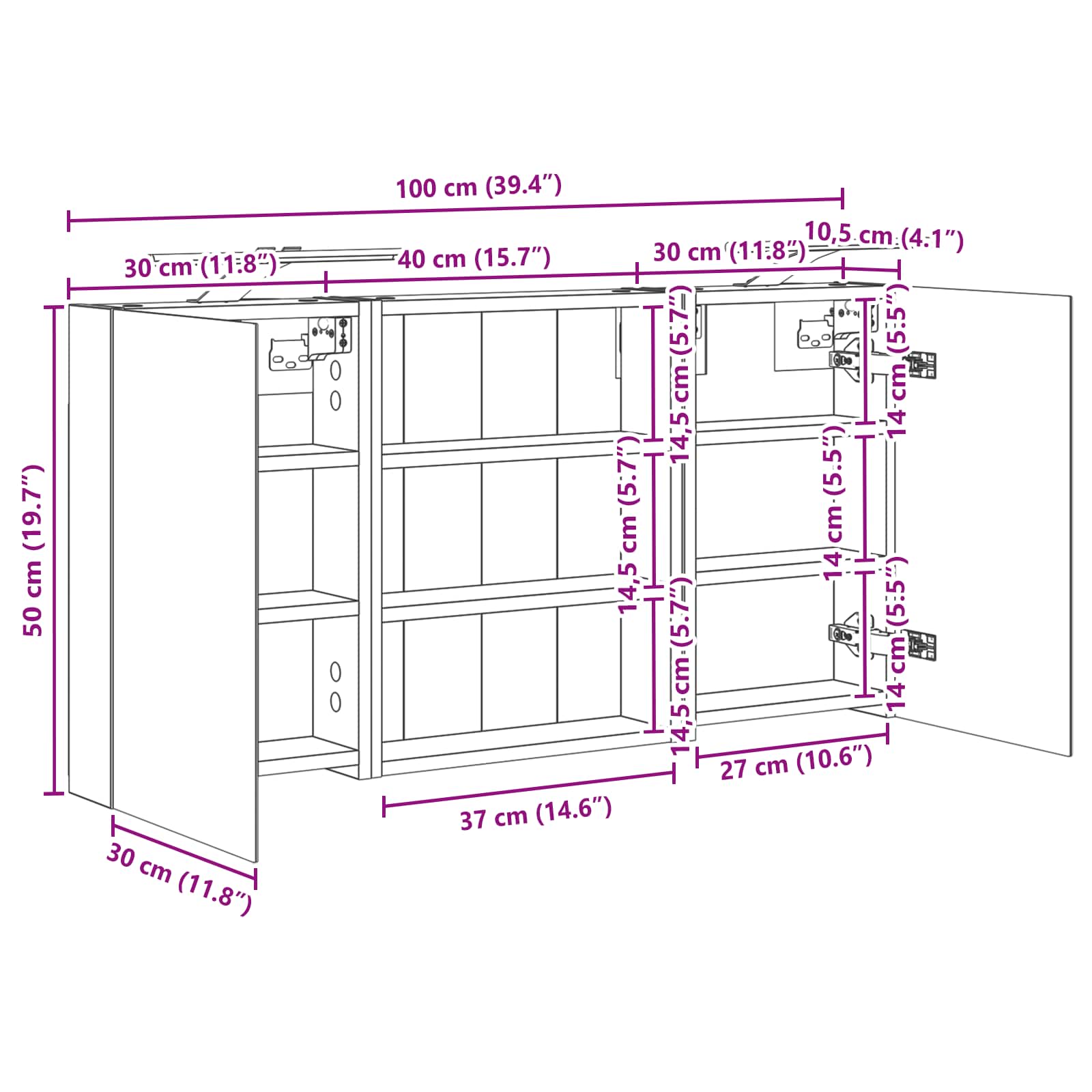 Set ormarića za kupaonicu s policom 3 pcs 100 x 10,5 x 50 cm